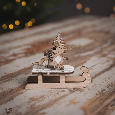 14Cm Wooden Reindeer And Robin Sleigh