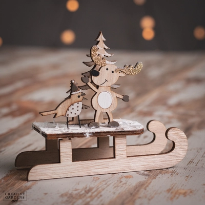 14Cm Wooden Reindeer And Robin Sleigh - image 2