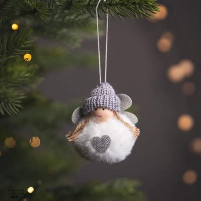 16Cm Hanging White Fairy-Glitter Wings/Grey Hat