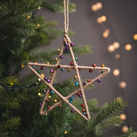 18cm Jute Open Star Multi Coloured Jingle Bells Decoration