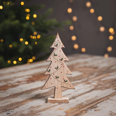 21Cm Wooden Natural Tree - Holly / Berries Design - image 1