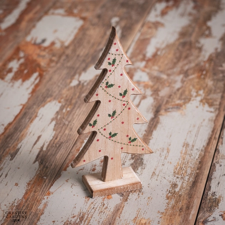 21Cm Wooden Natural Tree - Holly / Berries Design - image 2