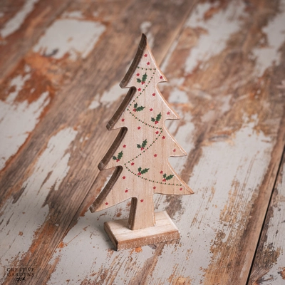 21Cm Wooden Natural Tree - Holly / Berries Design - image 2