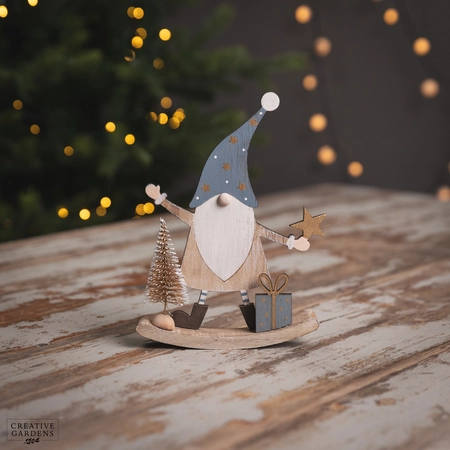 21Cm Wooden Rocking Santa With Blue Trees/Parcels - image 1