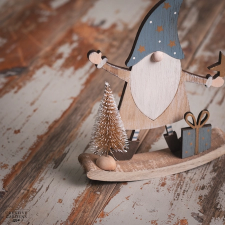 21Cm Wooden Rocking Santa With Blue Trees/Parcels - image 2