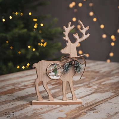 27Cm Wooden Reindeer With Tree Inside