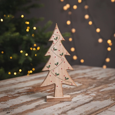 28Cm Wooden Natural Tree - Holly / Berries Design