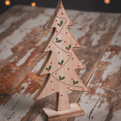 28Cm Wooden Natural Tree - Holly / Berries Design - image 3