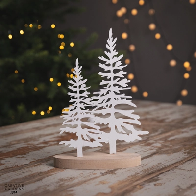 29Cm White Metal Trees On Wooden Base