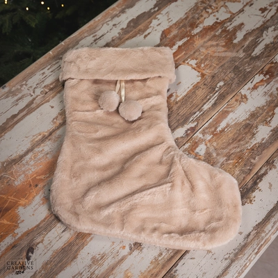 60cm Light Brown Faux Fur Stocking with Pom Poms