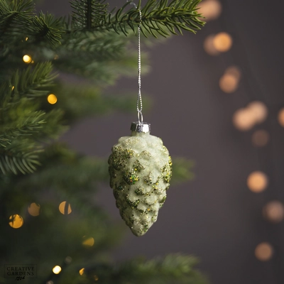 8Cm Green Glass Frosted Pine Cone