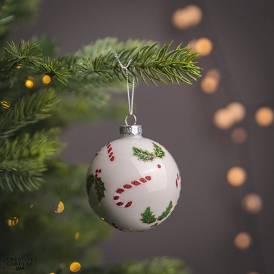 8Cm White Glass Ball With Candy Cane And Holly