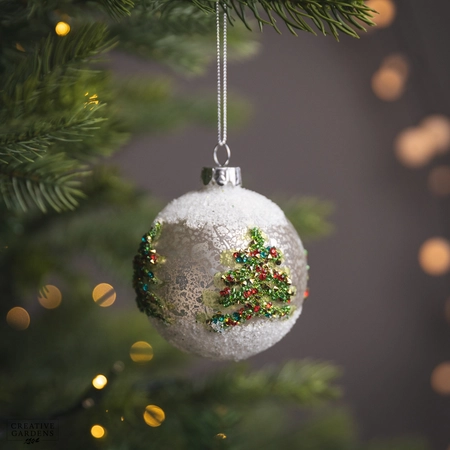 Antique White Glass Ball with Multi Glitter Trees