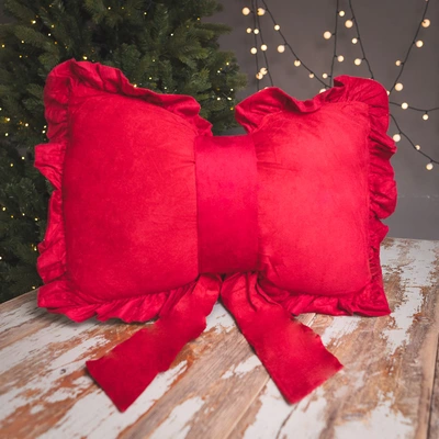 Cushion Bow Velvet with Ruffle - Christmas Red