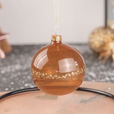 Enamel Shiny Glass Bauble with Gold Stars - Ginger Brown