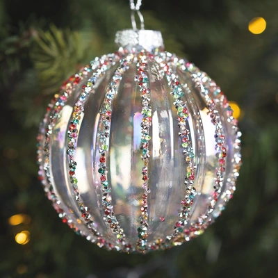 Glass Ball Clear with Glitter Stripes - 8cm