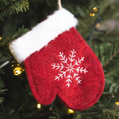 Hanging Red Fabric Mitten with Snowflake - 12cm