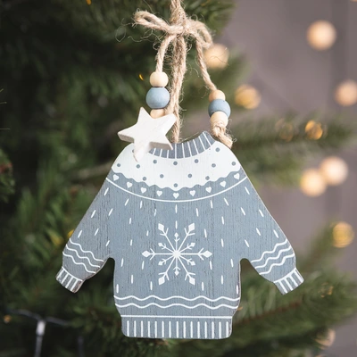Hanging Wooden Blue & White Jumper-Snowflake - 23cm