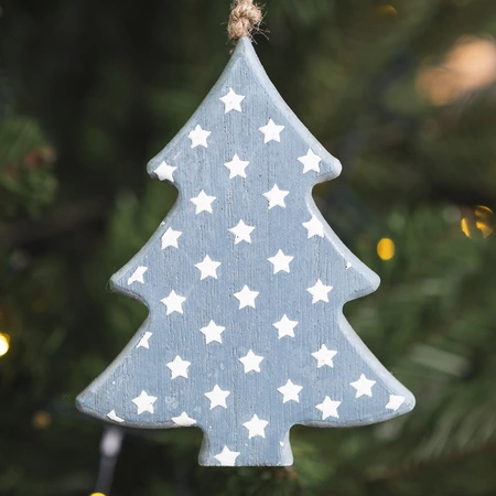 Hanging Wooden Dream Blue Tree with White Stars - 10cm