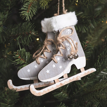 Hanging Wooden Ice Skates-Fur & Mini Bell - 14cm