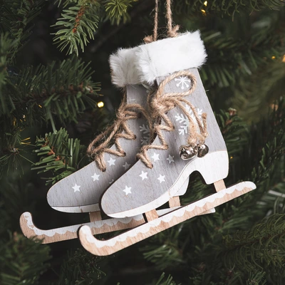 Hanging Wooden Ice Skates-Fur & Mini Bell - 14cm