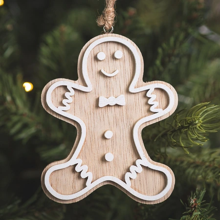 Hanging Wooden Natural & White Gingerbread - 10cm
