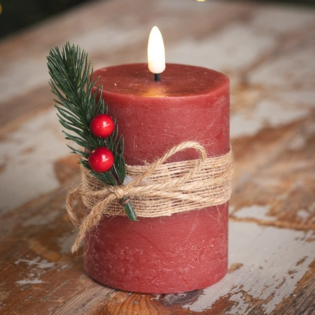 LED Red Candle with Leaf Décor 13cm - Warm White - image 1