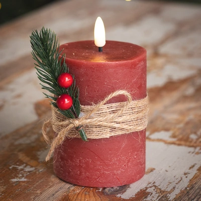 LED Red Candle with Leaf Décor 13cm - Warm White