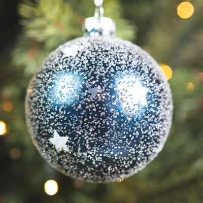 Midnight Blue Glass Speckled Ball-Silver Star - 8cm