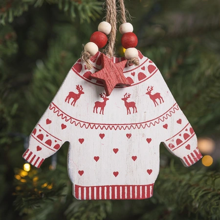 Reindeer Hanging Wooden White & Red Jumper - 23cm