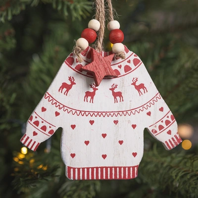 Reindeer Hanging Wooden White & Red Jumper - 23cm