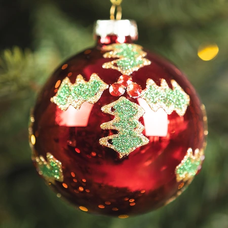 Shiny Red Glass Ball with Holly - 8cm