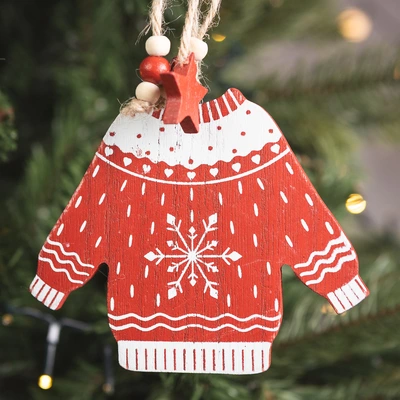 Snowflake Hanging Wooden Red & White Jumper - 23cm