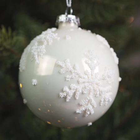 White Glass Ball with White Glitter Snowflake - 8cm