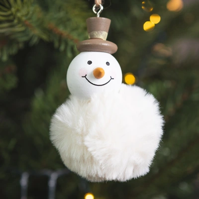 Wooden Fluffy Pom Snowman - 9cm