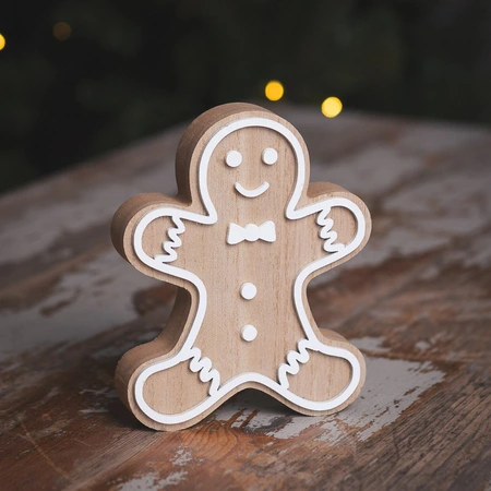 Wooden Natural & White Gingerbread Decoration - 14cm - image 1