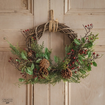 30cm Rattan Wreath with Berries & Pinecones